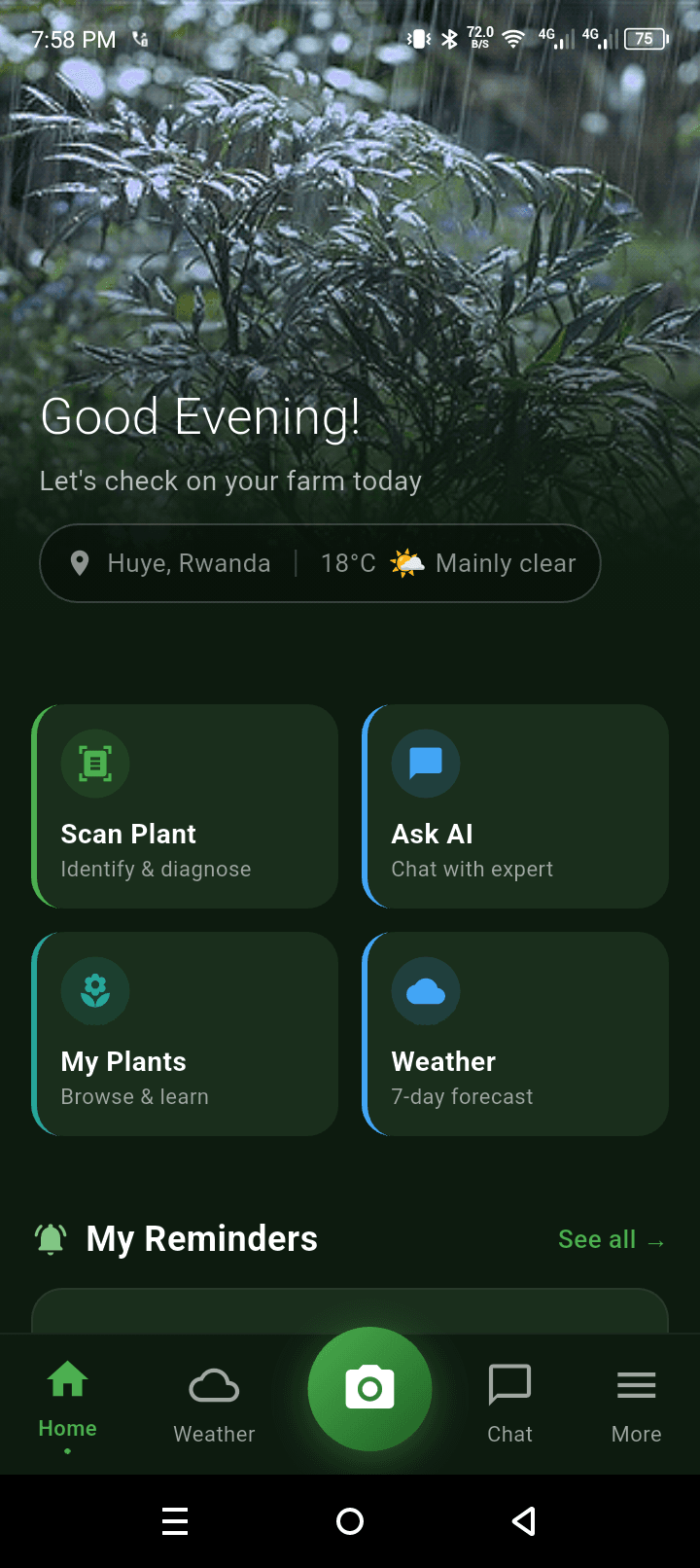 CuraPlant mobile app home screen — Scan Plant, Ask AI, My Plants, Weather features